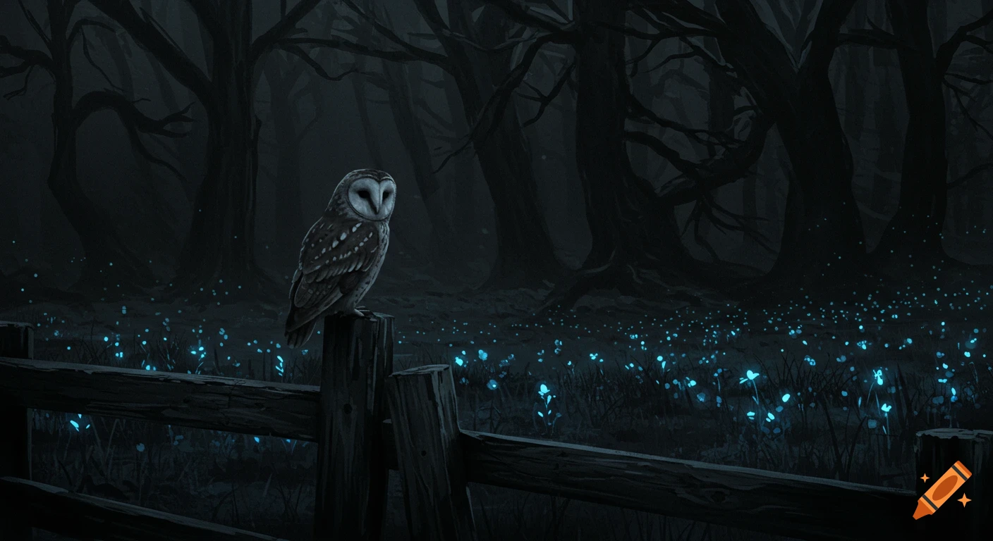 A barn owl perches on a fence post in a dark, eerie forest with glowing blue bioluminescent flowers on the ground, in a painterly style.