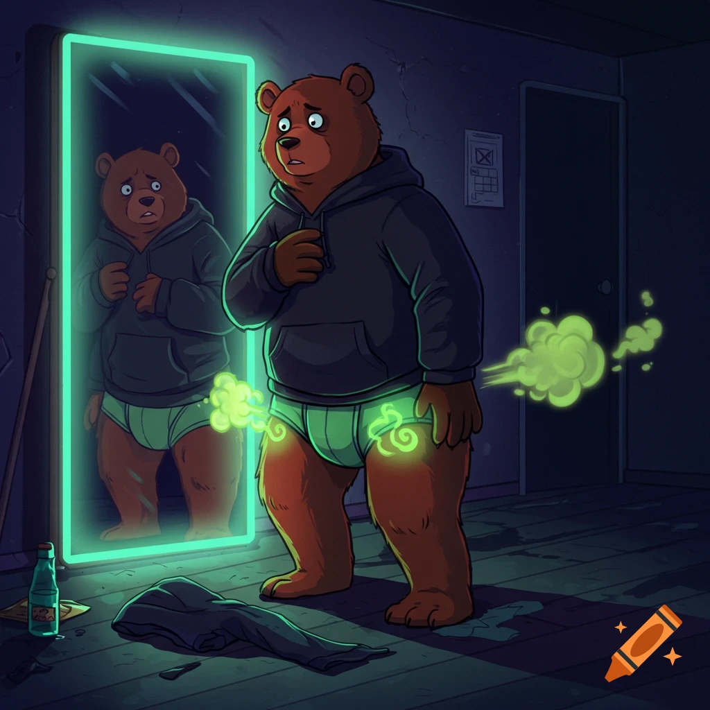 A surprised cartoon bear in a hoodie and briefs looks in a mirror as green gas emits from his rear end in a dark room.