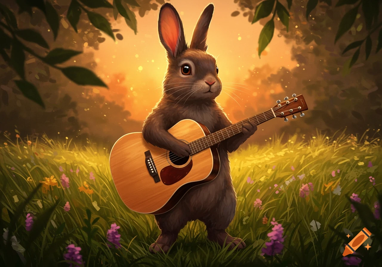 A cute brown rabbit stands in a golden-lit grassy field with flowers, playing an acoustic guitar in a digital illustration.