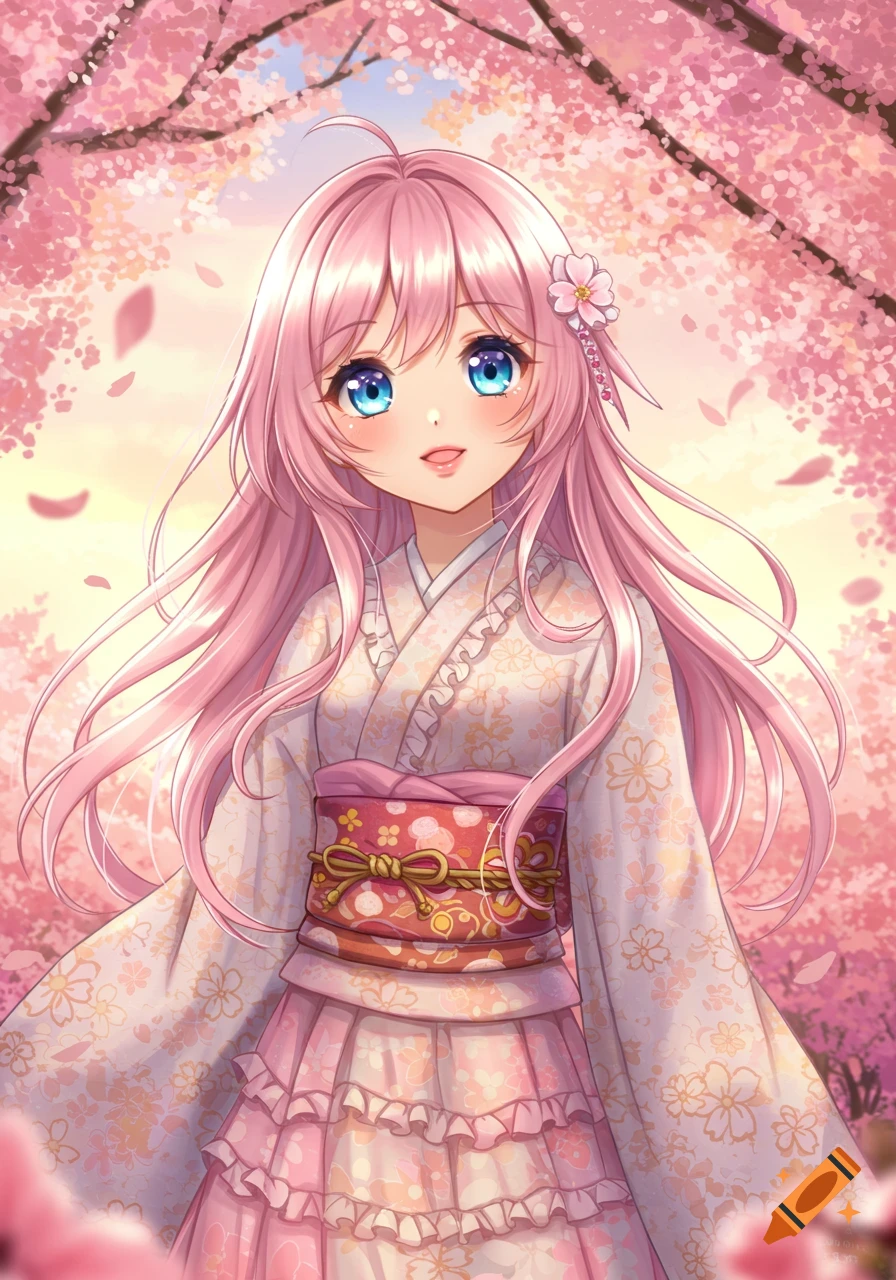 Cute anime girl with pink hair and blue eyes wearing a kimono under cherry blossom trees with falling petals.