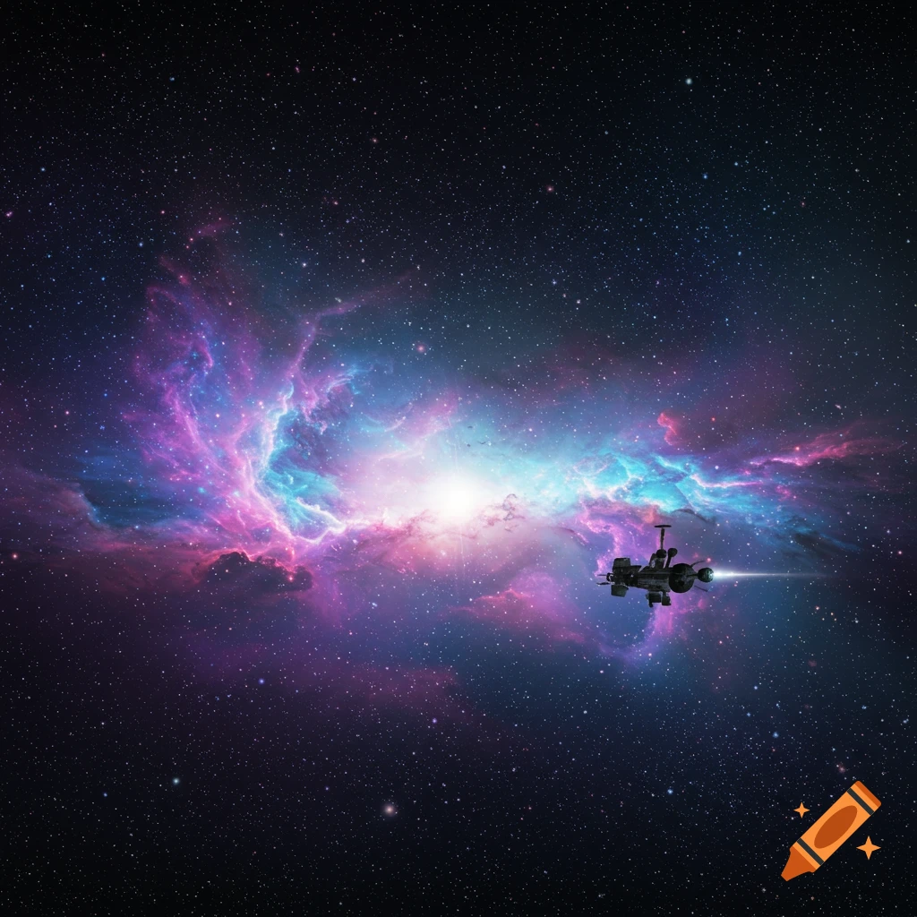 A spaceship flies through a vibrant purple and blue nebula in deep space, digital art.