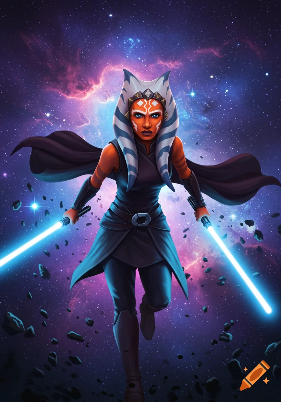 Digital illustration of Ahsoka Tano in space, holding two blue lightsabers, with nebulae and asteroids in the background.