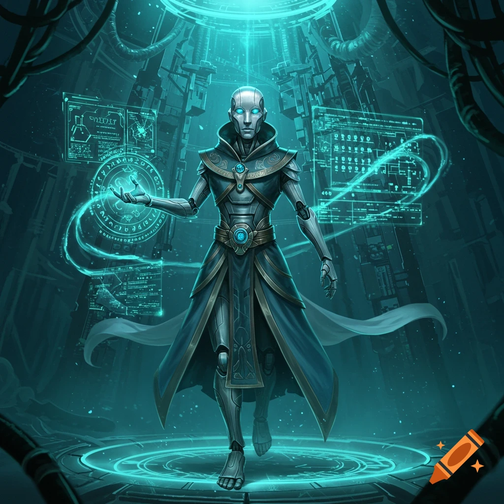 A humanoid robot in a dark, hooded robe with glowing blue eyes and chest emits blue energy, standing in a futuristic chamber.
