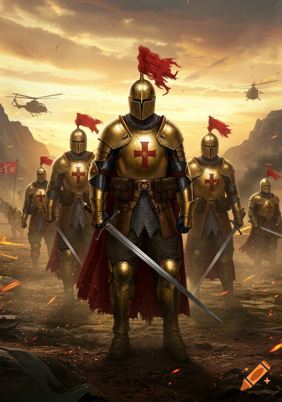 Photorealistic image of golden armored knights with swords standing in a dusty battlefield at sunset, with helicopters flying in the background.