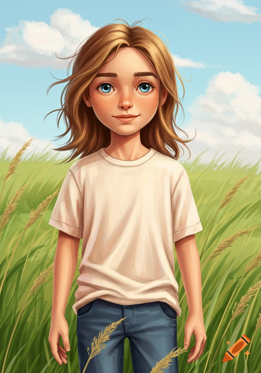 An illustrated young girl with blue eyes, brown hair, and freckles stands in a green field under a blue sky.