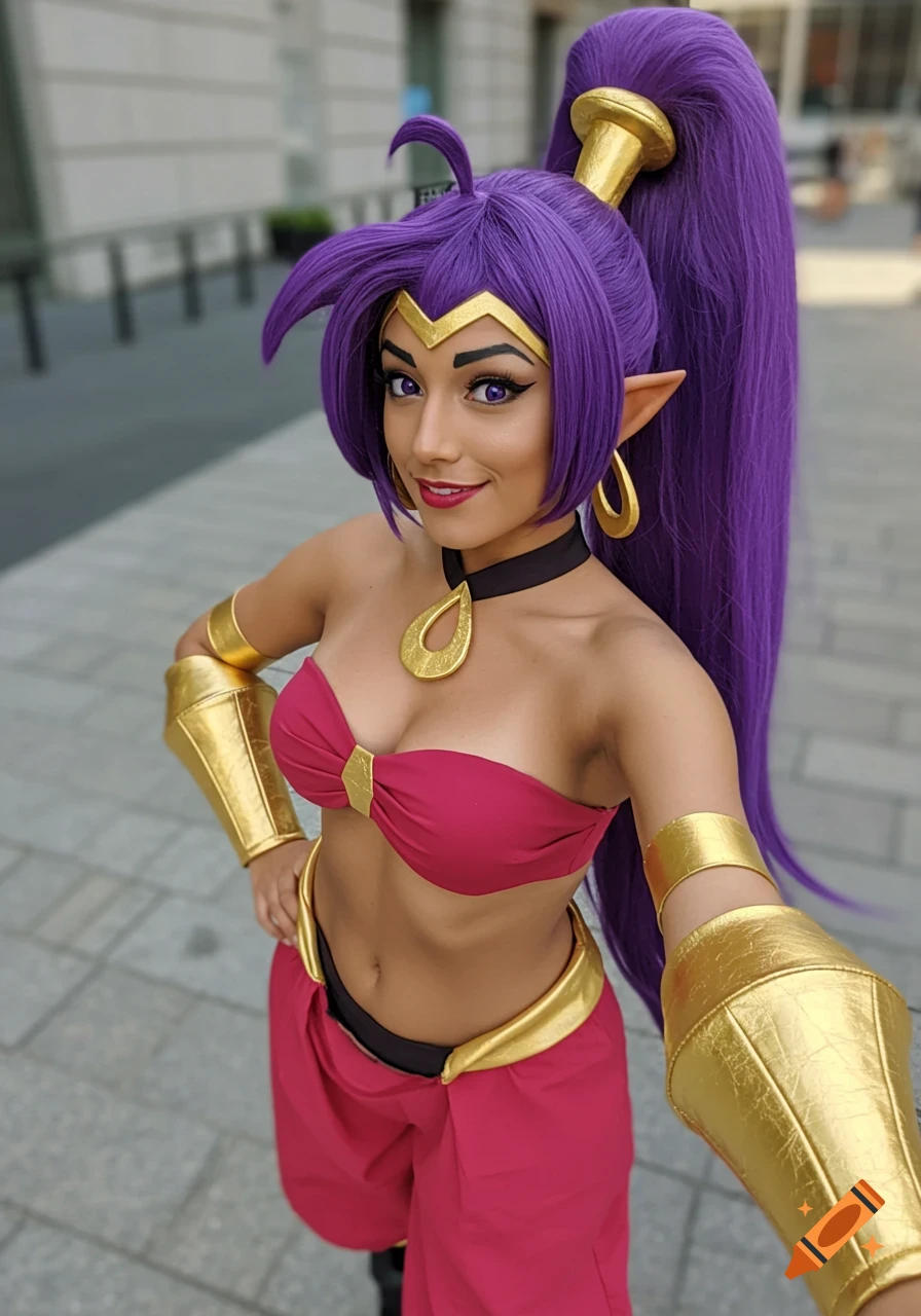 A woman with purple hair and pointed ears cosplaying as Shantae, wearing a magenta top and gold accessories, smiling at the camera outdoors.