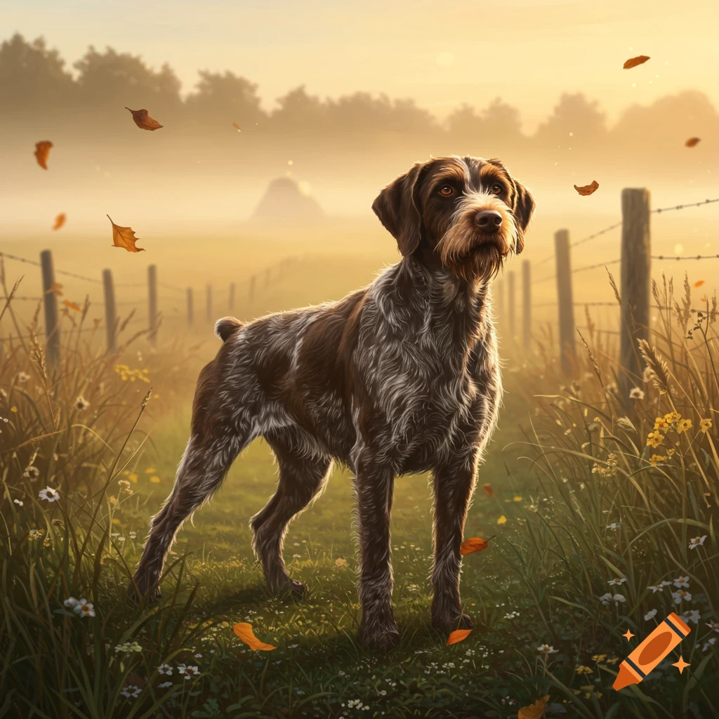A photorealistic German Wirehaired Pointer stands in a misty field at sunset with falling autumn leaves.