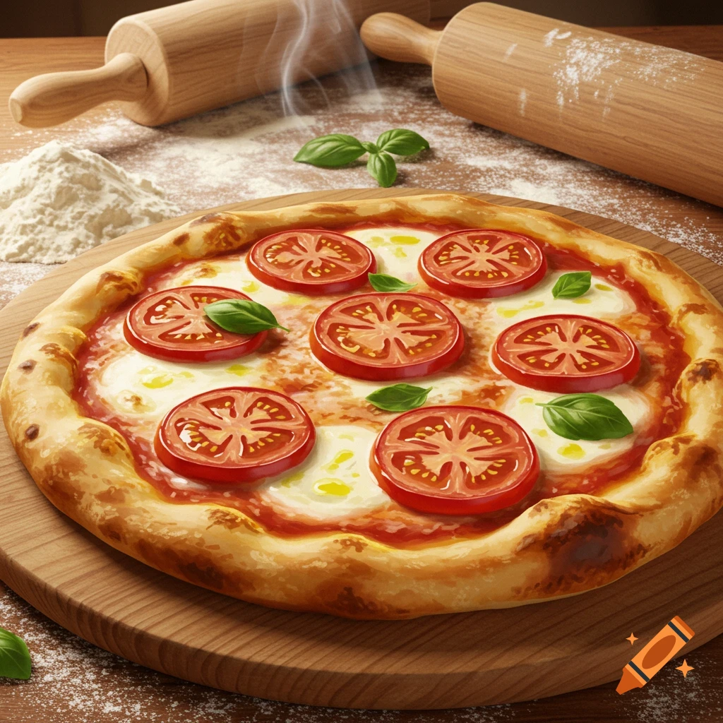A photorealistic pizza with tomatoes and basil on a wooden board, with flour and rolling pins in the background.