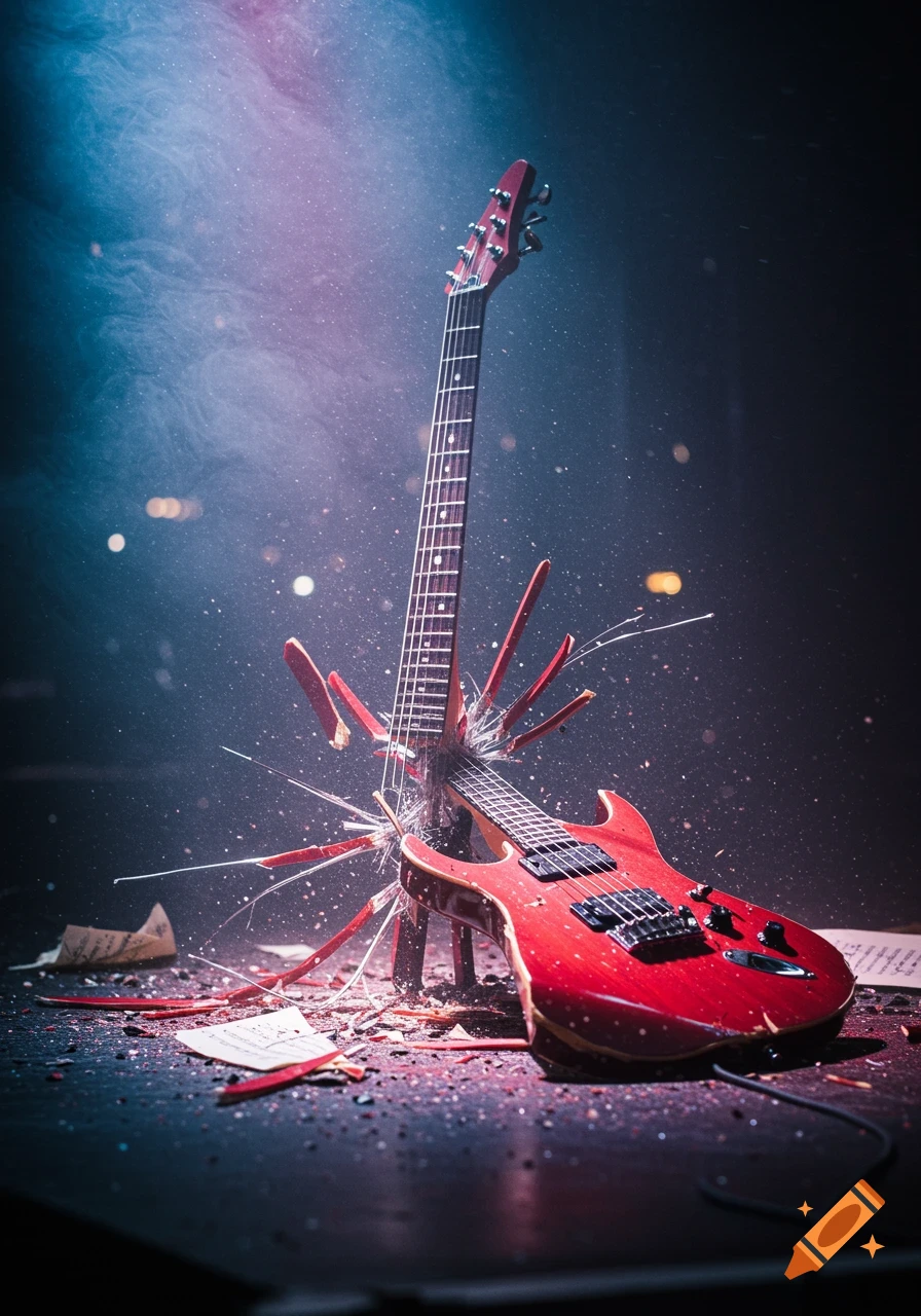 A red electric guitar stands dramatically broken in half on a dark stage, surrounded by smoke and sparkling light.