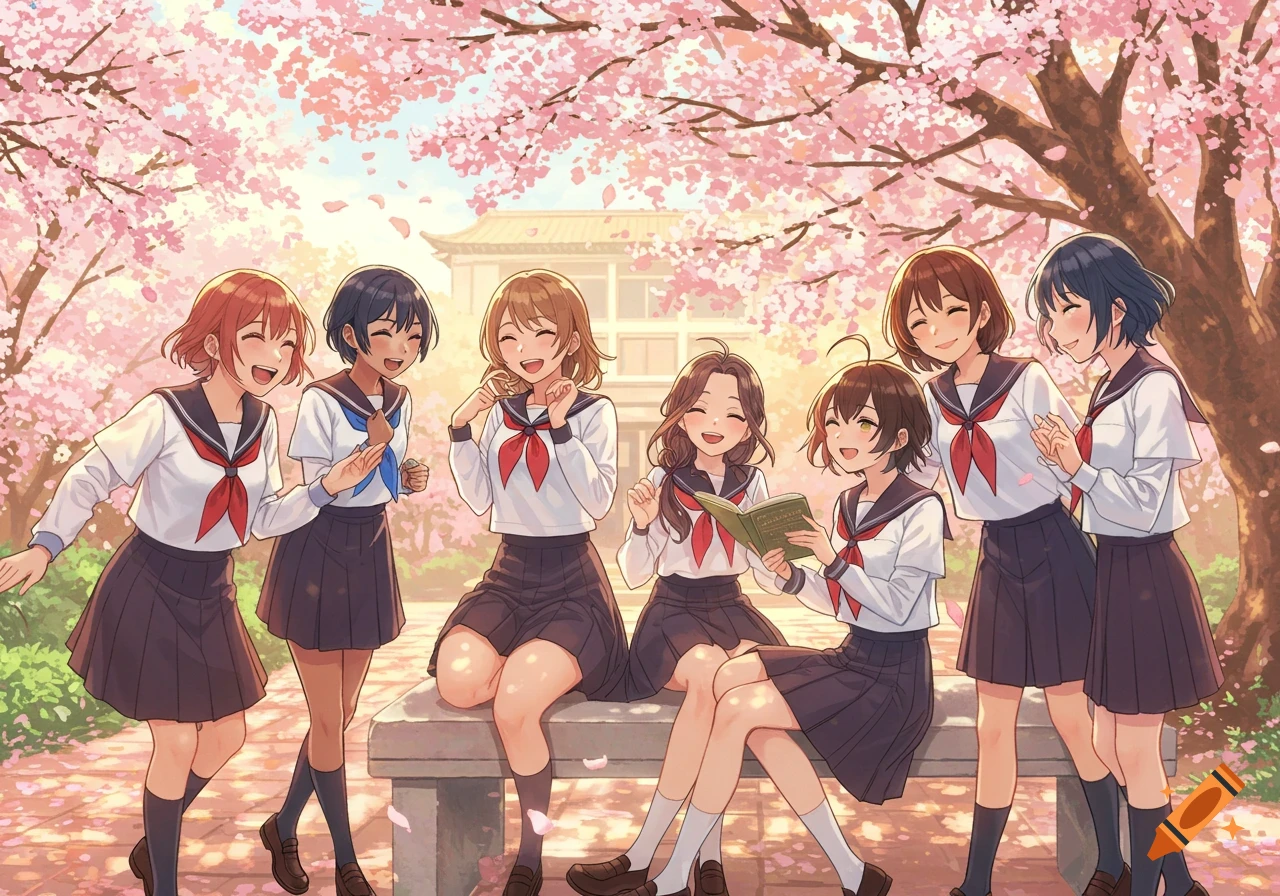 Anime-style illustration of seven cheerful schoolgirls in uniform under blooming cherry blossom trees.