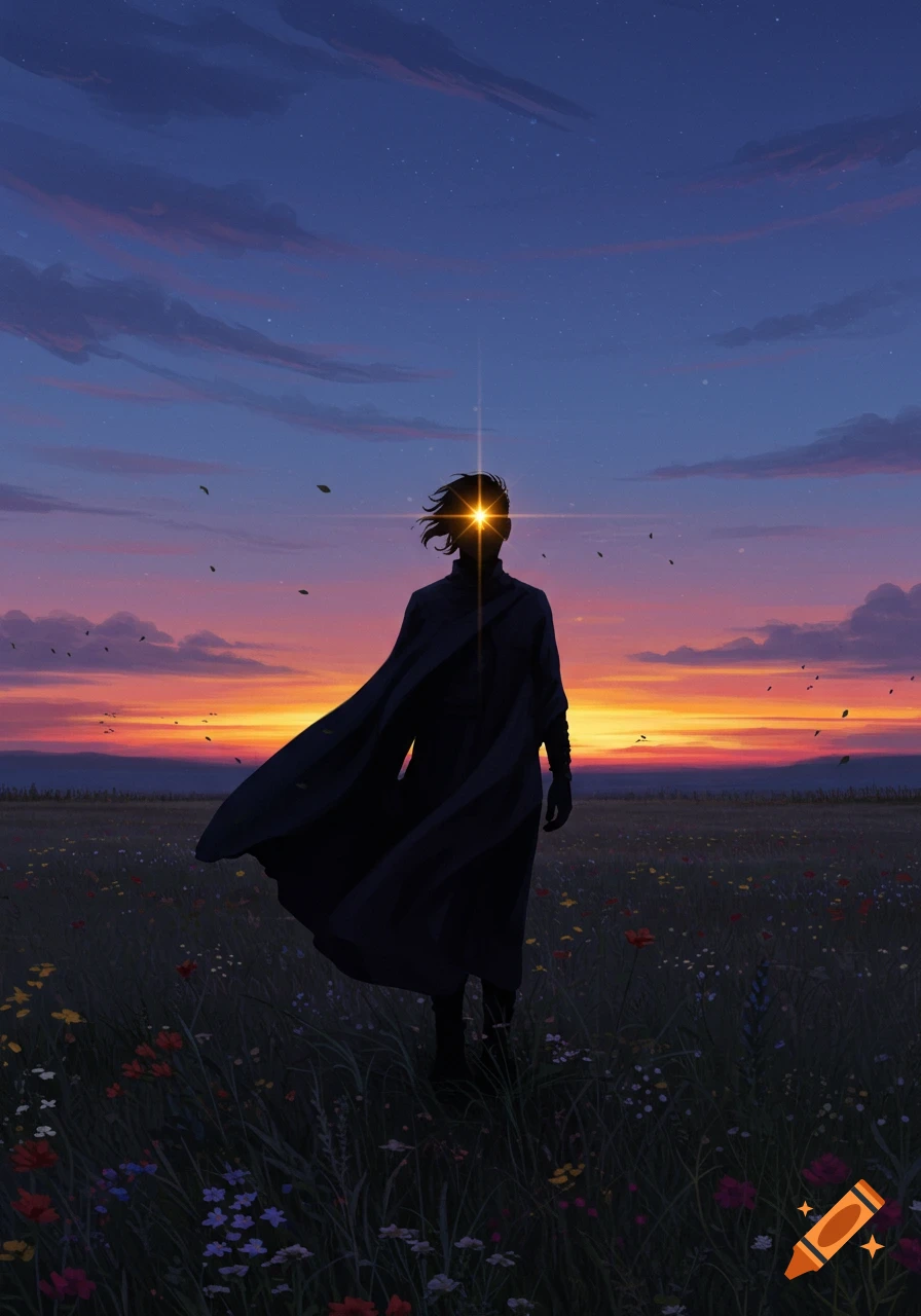 Silhouette of a person with a glowing head in a flower field at sunset, with stars. Digital painting.