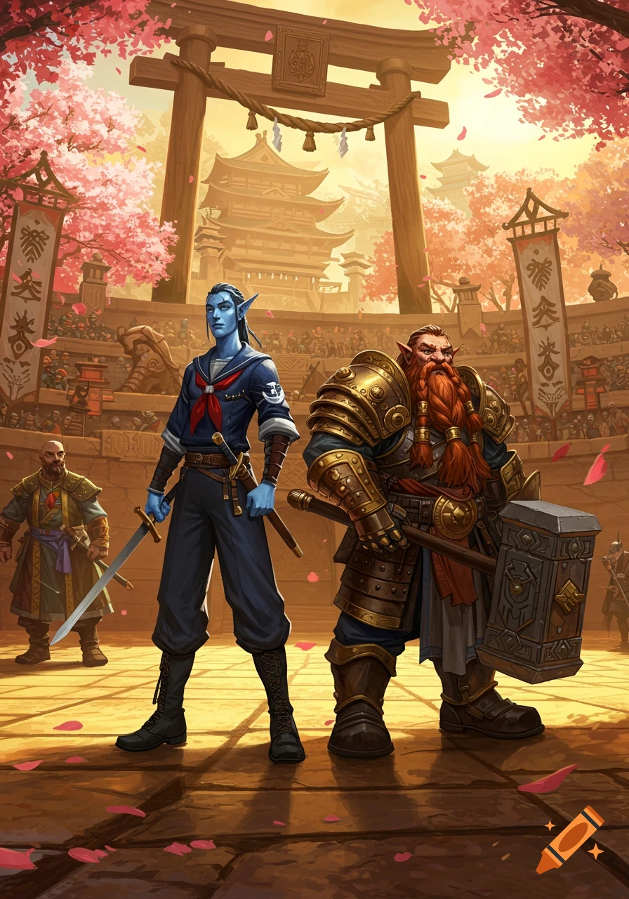 A blue-skinned elf in a sailor outfit and a dwarf in golden armor stand in a Japanese-themed arena with cherry blossoms and a torii gate.