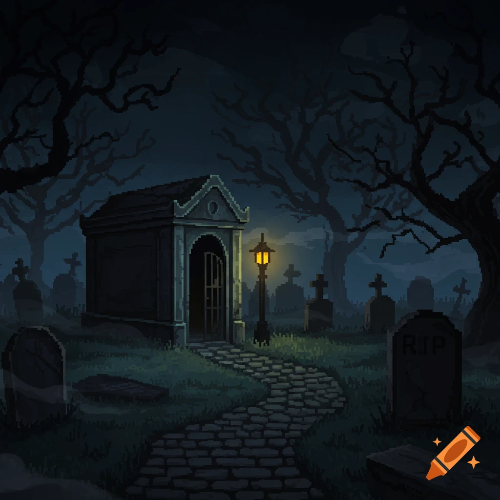 Pixel art of a dark, misty graveyard with a glowing lamp, mausoleum, and gravestones at night.