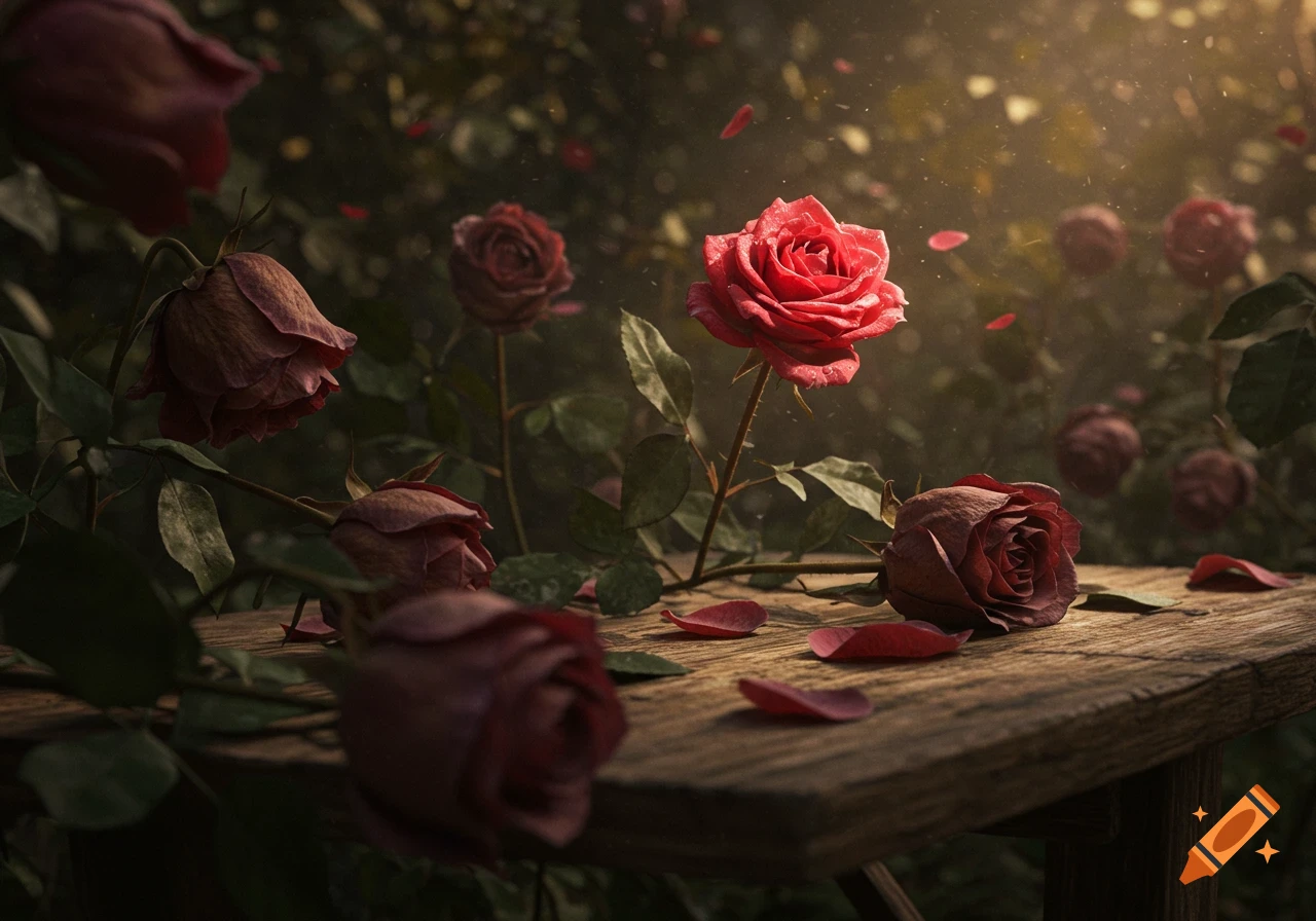 A vibrant red rose stands tall amidst several withered, drooping roses on a rustic wooden table in a dimly lit garden with light rays.