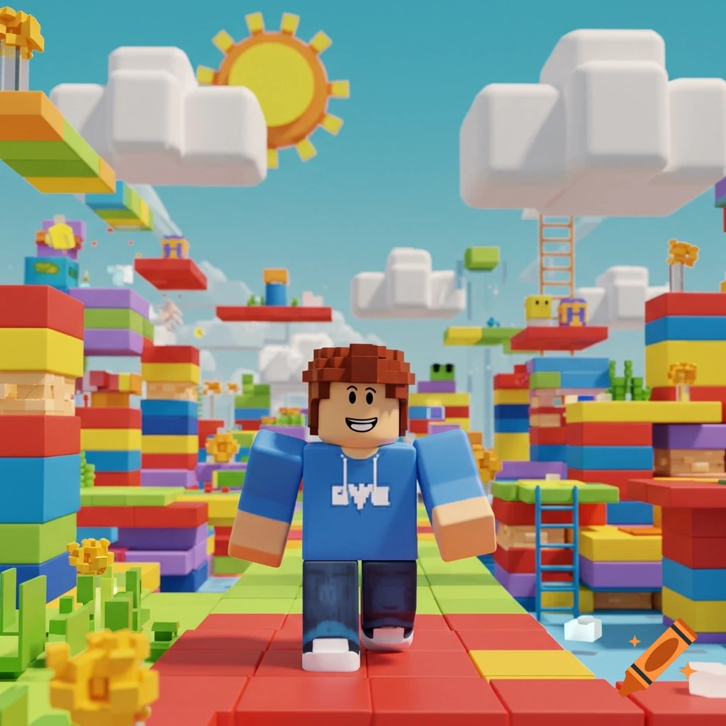 A smiling Roblox character in a blue hoodie walks on a red path in a vibrant, blocky world under a sunny sky.