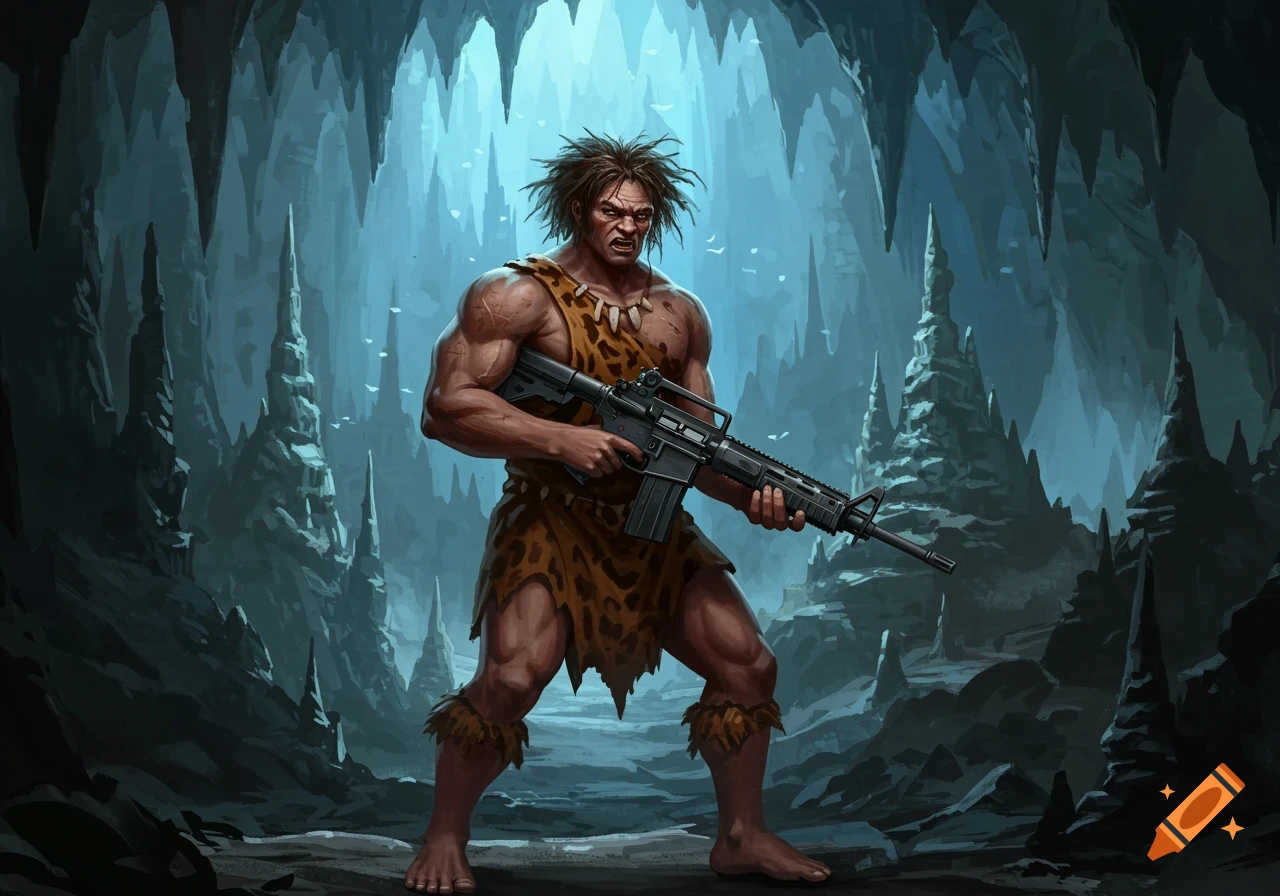 A muscular caveman with spiky hair and a loincloth stands in a cave, holding a modern M4A1-S assault rifle.