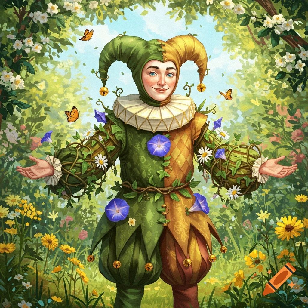 A jester wearing a green and gold costume made of vines and flowers stands in a lush garden with butterflies.