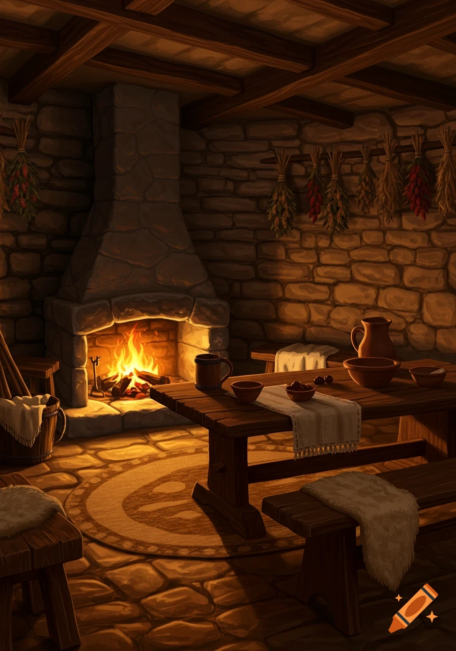 A warm, cozy medieval-style cottage interior with a lit stone fireplace, a wooden table with pottery and dried herbs hanging from the ceiling.