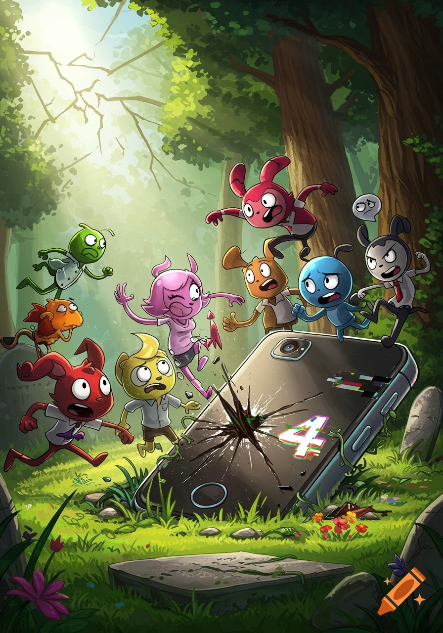 Colorful cartoon characters with expressions of shock and alarm surround a large, broken smartphone with a glowing '4' on its screen, set in a forest with gravestones.