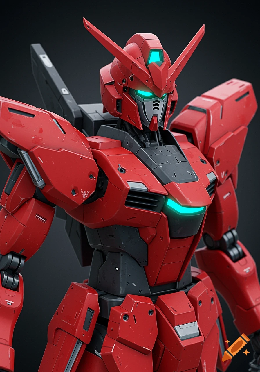 A detailed, close-up shot of a sleek, red and black robot with glowing blue accents.