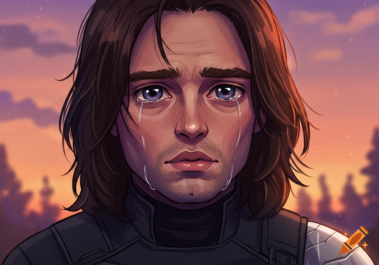 Cartoon illustration of Bucky Barnes crying with tears streaming down his face, set against a sunset background.