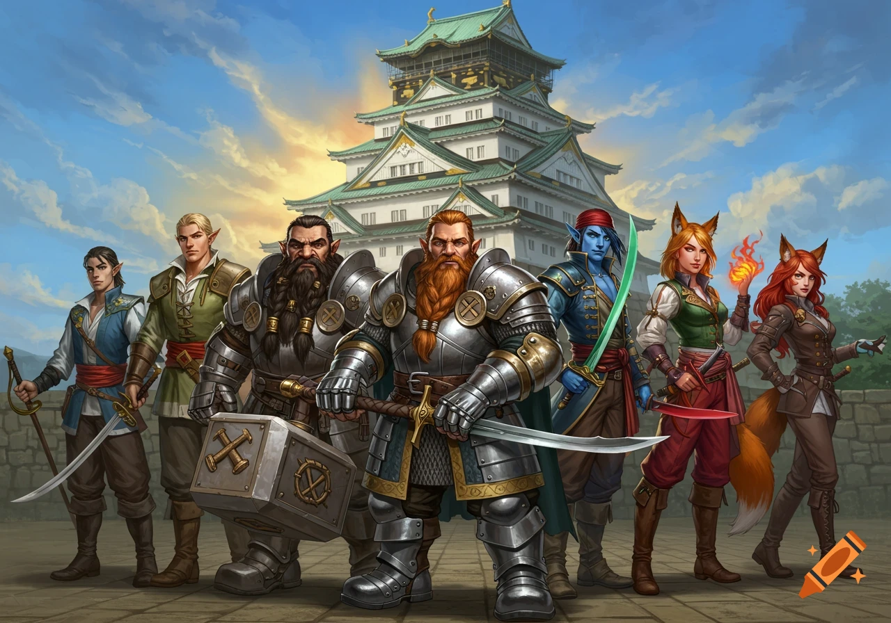 A group of diverse fantasy characters, including armored dwarves, elves, and fox-folk, standing in front of a Japanese castle.