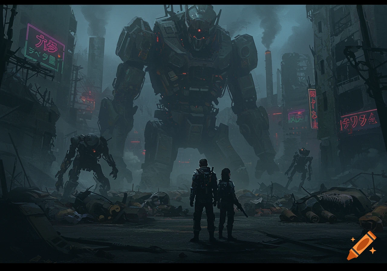 Two figures in a desolate, destroyed city gaze at a colossal robot, surrounded by rubble, smaller robots, and neon signs in a dark, cyberpunk style.