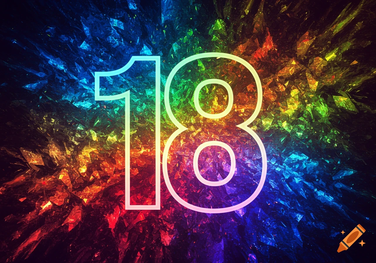 The number 18 outlined in white against a vibrant, exploding background of rainbow-colored crystal shards.