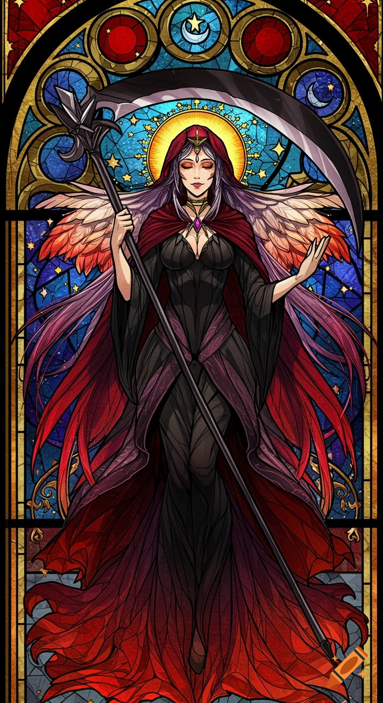 Stained glass artwork of a female grim reaper with purple hair, red cloak, wings, and a scythe, against a starry sky.
