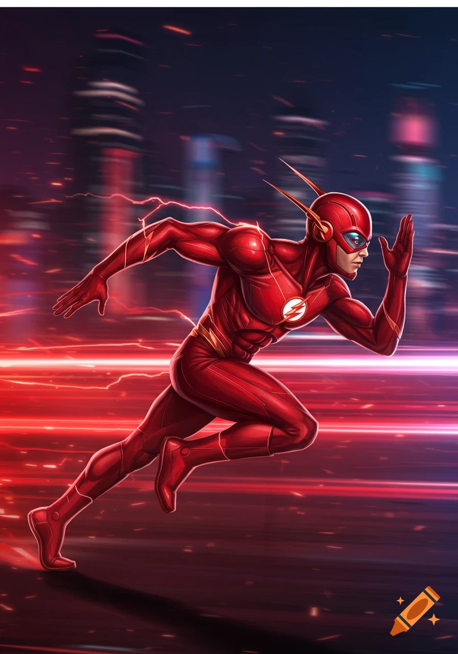 A red speedster superhero, The Flash, runs with motion blur and lightning streaks against a dark city background at night.