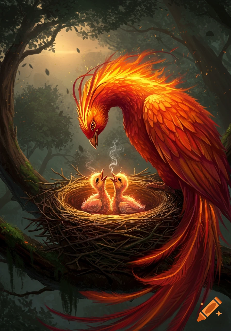 A vibrant, fiery phoenix looks down at two glowing chicks in a nest on a tree branch in a dark, atmospheric forest.