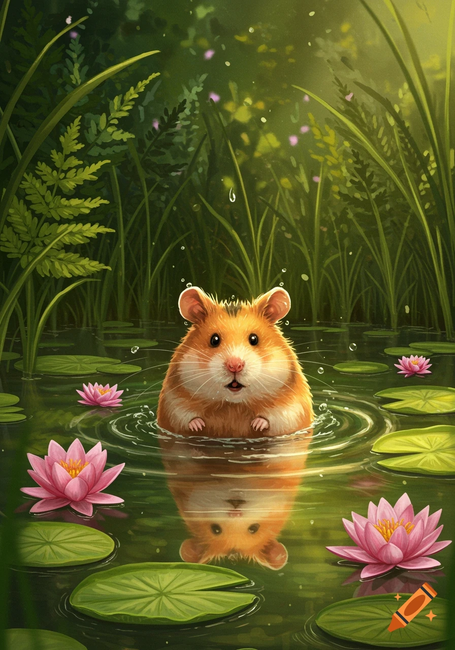 A cute, cartoon hamster in a pond with pink water lilies and green reeds, illustrative style.