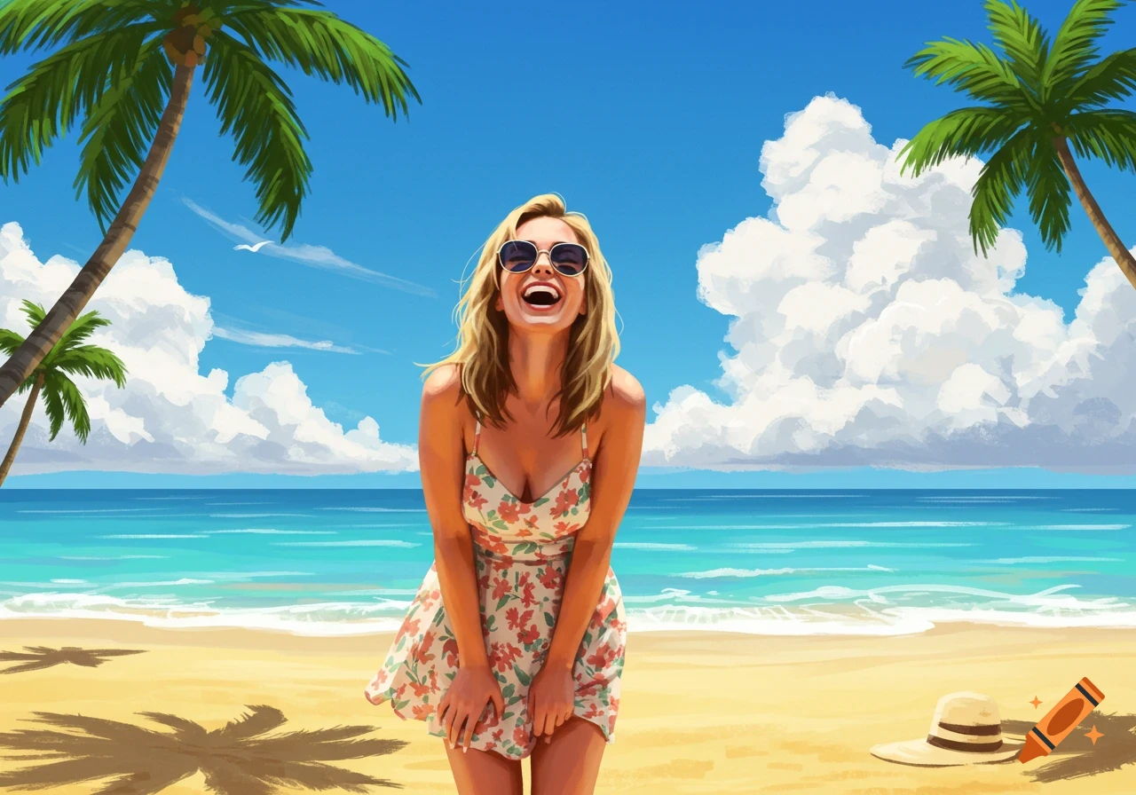 A cheerful woman in a floral dress and sunglasses laughs on a sunny beach with palm trees and blue ocean.