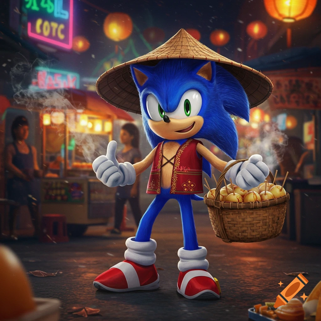 Sonic the Hedgehog in a straw hat and red vest, holding a basket of food in a vibrant night market.