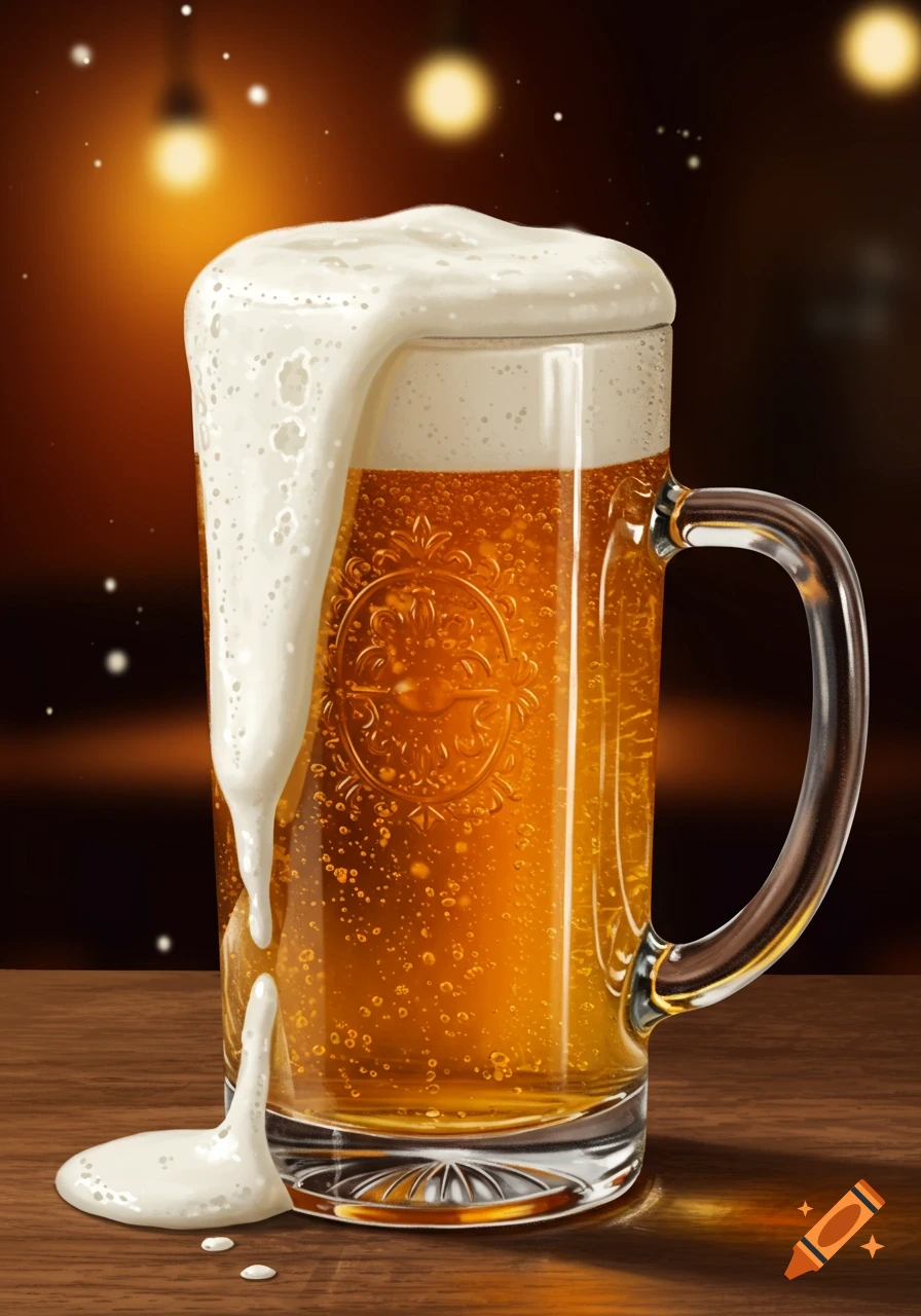 A photorealistic image of an overflowing beer mug on a wooden table, with foam spilling down the side. Warm light illuminates the scene.