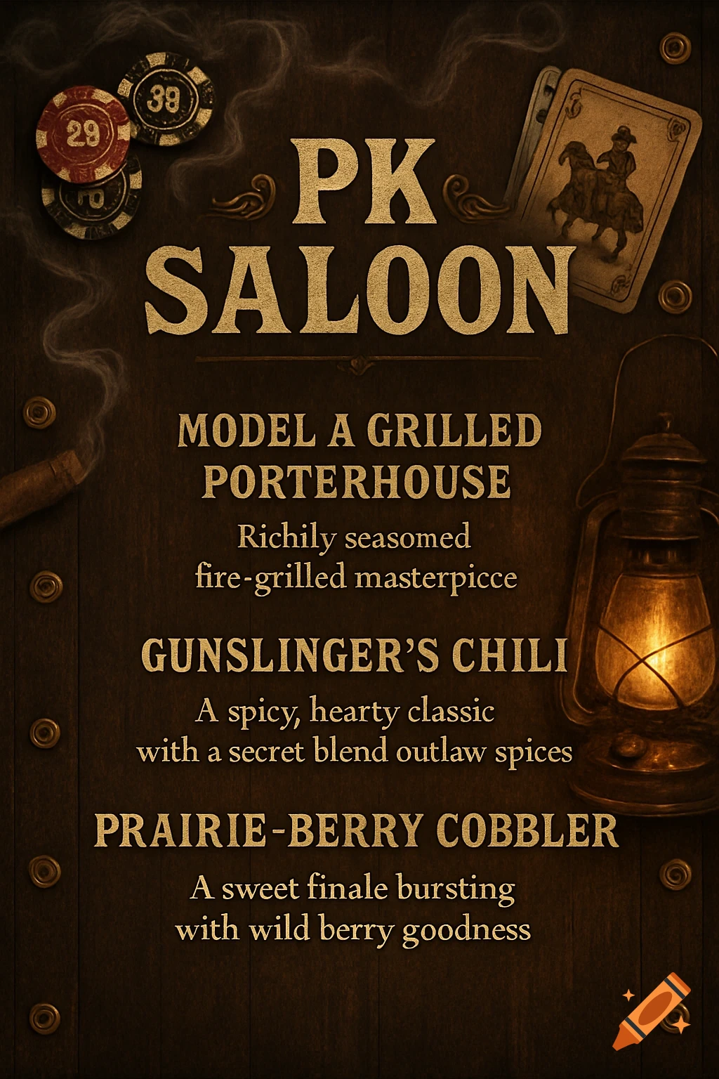 A rustic menu for PK Saloon on a dark wooden background, featuring poker chips, a playing card, a cigar, and an oil lamp.