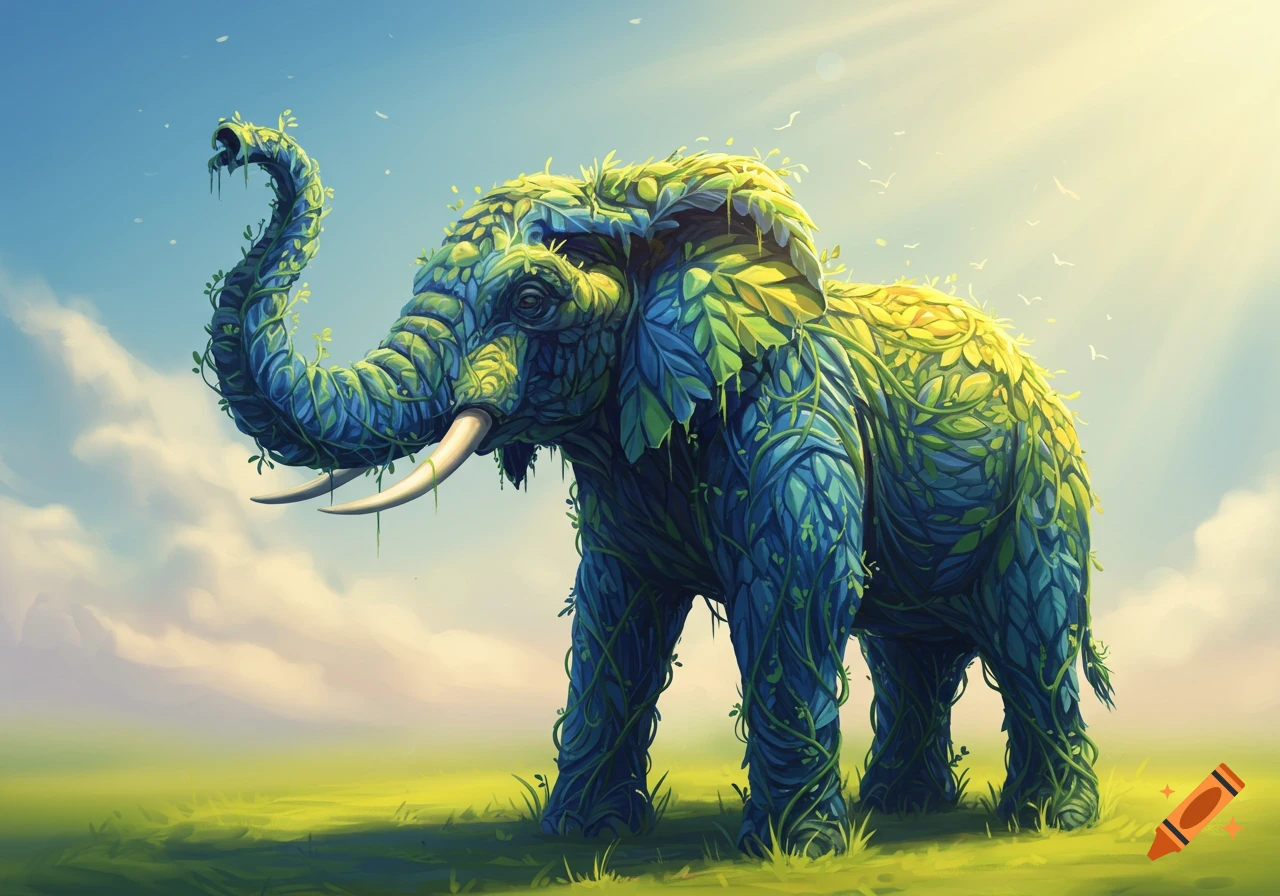 A stylized elephant covered in green and blue leaves and vines, standing in a sunny grassy field under a blue sky.