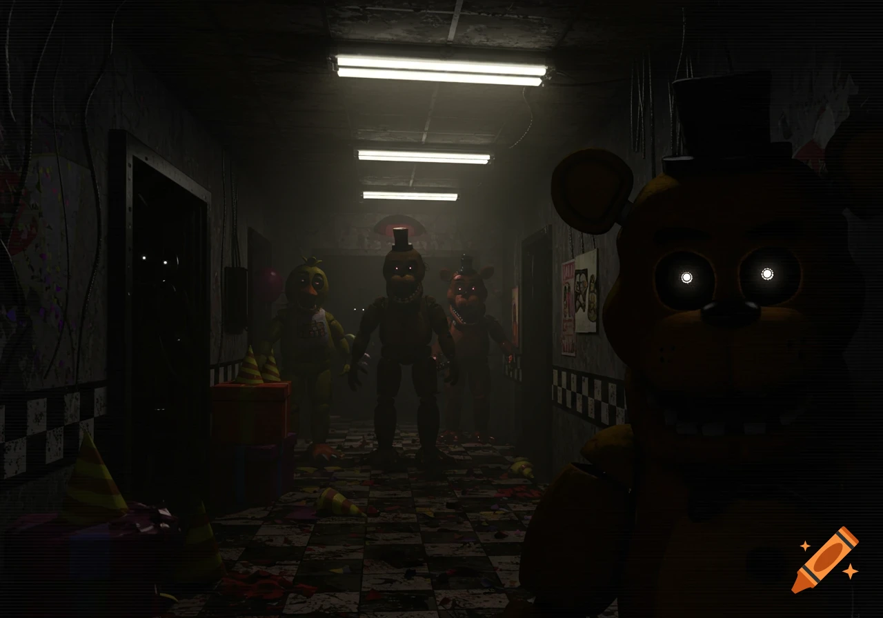 Four animatronic characters, including Freddy Fazbear, stand in a dark, messy hallway with glowing eyes, resembling a Five Nights at Freddy's game screenshot.
