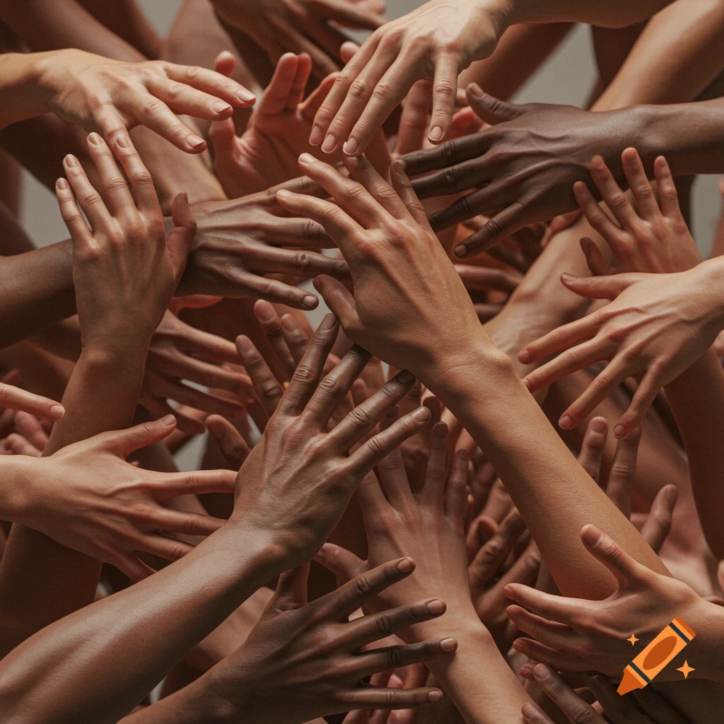 A close-up shot of many diverse hands intertwined.