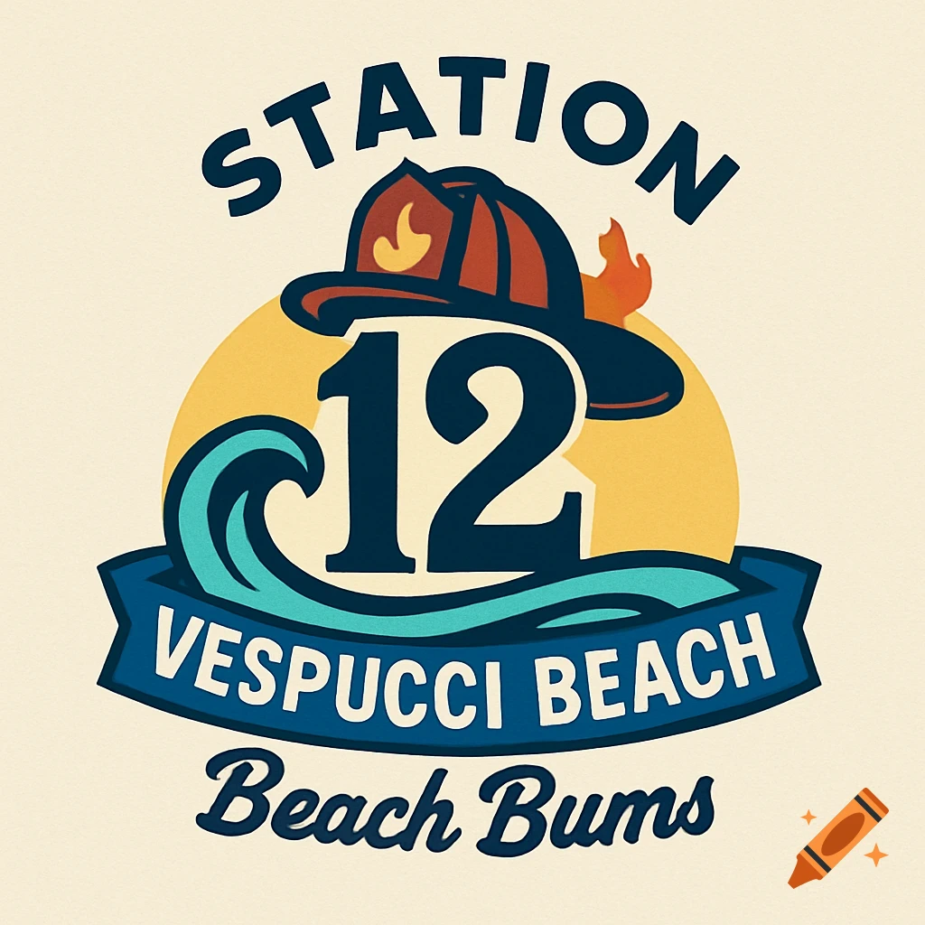 A logo for Station 12 Vespucci Beach 'Beach Bums' featuring a firefighter's helmet, the number 12, a wave, and a sunset.