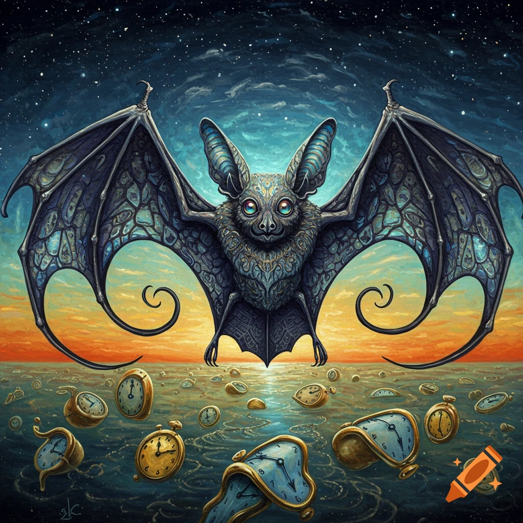 A surreal painting depicts a stylized bat with wide wings flying above a sea scattered with melting clocks, under a starry sky.