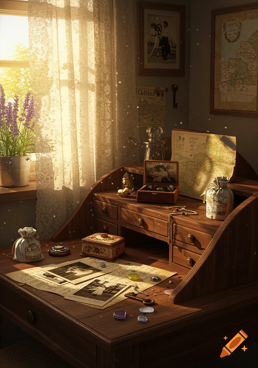 A sunlit wooden roll-top desk filled with vintage items: old photographs, maps, a jewelry box, a key, gemstones, and a potted lavender plant by a window with sheer lace curtains.