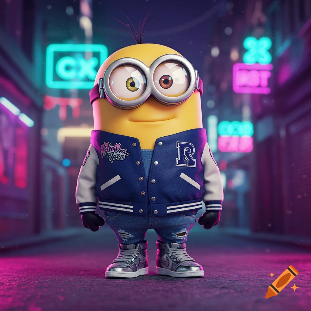 A Minion wearing a blue and white varsity jacket, ripped jeans, and metallic sneakers stands in a neon-lit city alley at night.