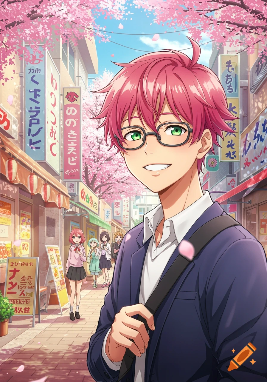 A smiling anime boy with pink hair and glasses, wearing a dark blue blazer and white shirt, stands on a Japanese street lined with shops and blooming cherry blossom trees. Other anime characters are in the background.