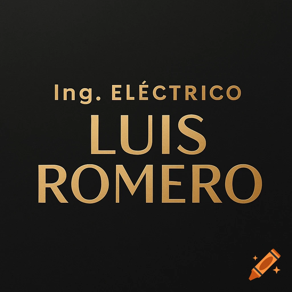 A minimalist logo with golden text "Ing. Eléctrico Luis Romero" on a black background.