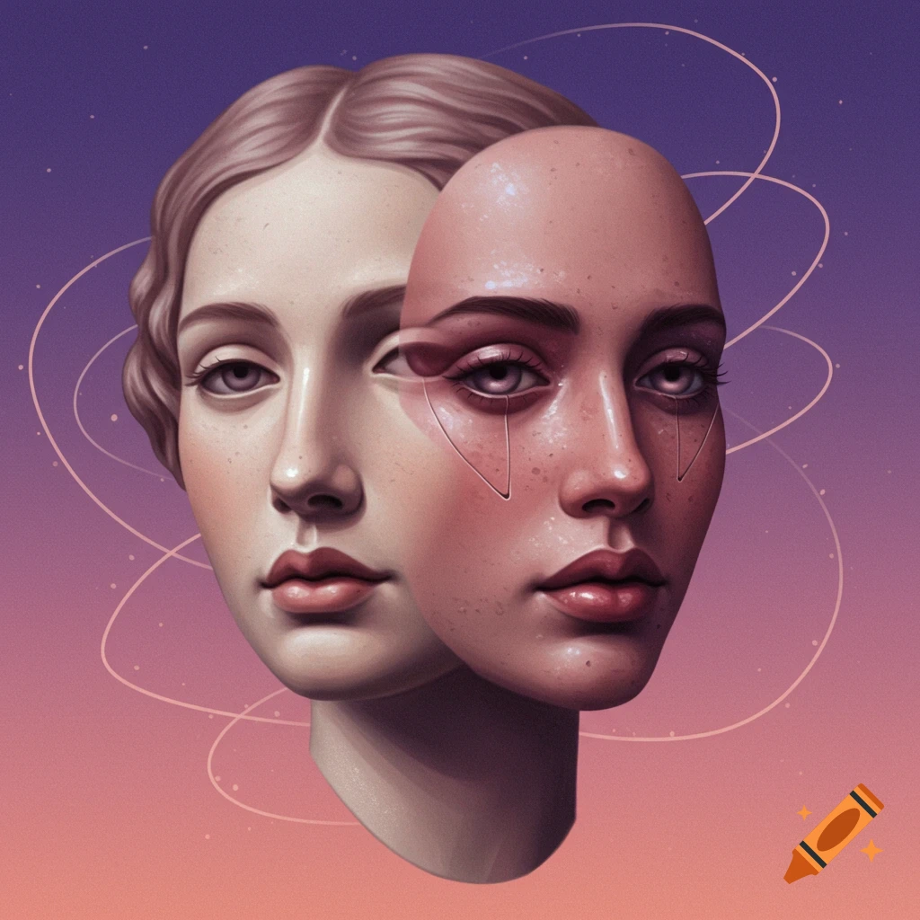 A surreal artistic portrait of two faces, one a pale statue-like head, the other a darker, mask-like face overlaid on top, against a gradient purple and pink background with abstract lines.