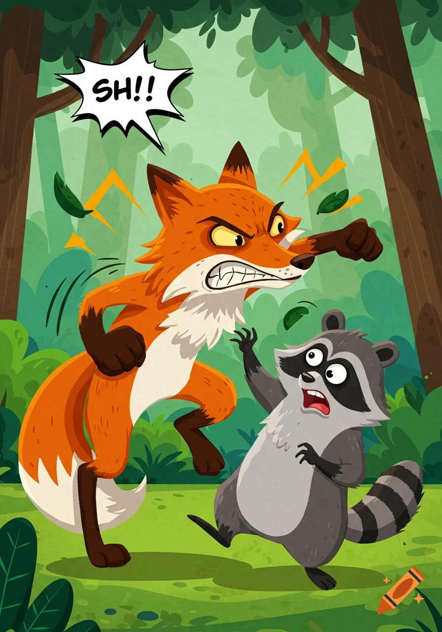 A cartoon fox with a raised fist shouts "SH!!" at a startled raccoon in a forest illustration.