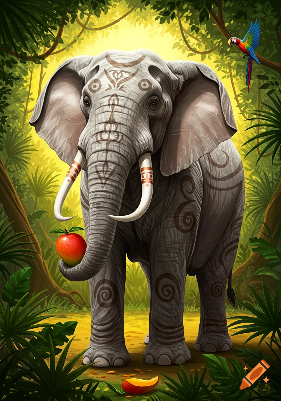 An illustrated tattooed elephant stands in a lush jungle, holding a red mango in its trunk, with a colorful parrot flying above.