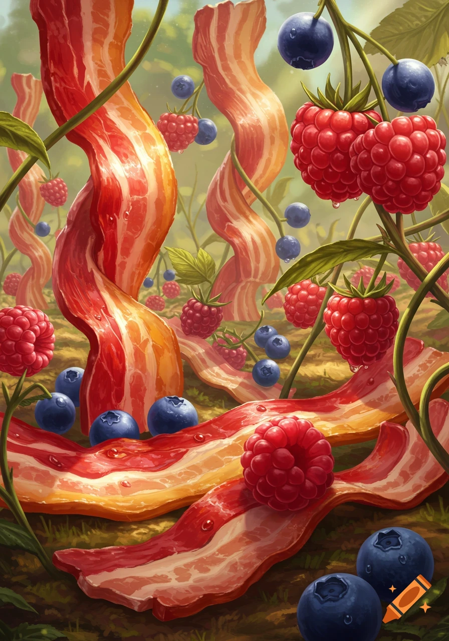 Whimsical forest scene with bacon strips acting as trees and vines, alongside vibrant blueberries and red raspberries.