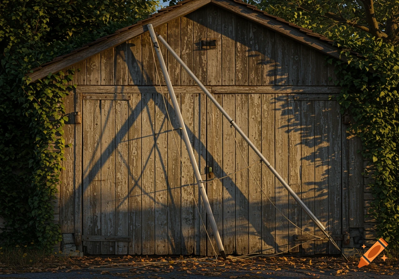 A weathered wooden garage or barn door covered in green vines, with two poles leaning against it and casting long shadows in warm light.